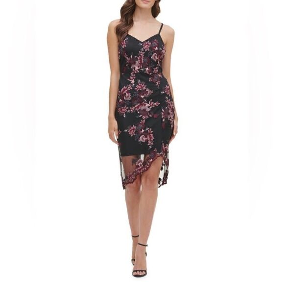 GUESS Sleeveless Floral Lace Chiffon Overlay Sheath Embroidered Mesh Dress - Picture 1 of 13